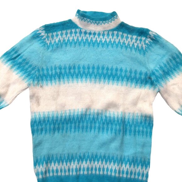 Vintage 1960s Turquoise Blue White Fair Isels Snow Flake Mock Turtleneck Sweater - Picture 6 of 10
